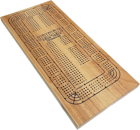 WE Games 4 Player Wooden Cribbage Board, Solid Natural Wood 4 Track Board, Plastic Pegs and Instructions, Card Games for Families and Adults