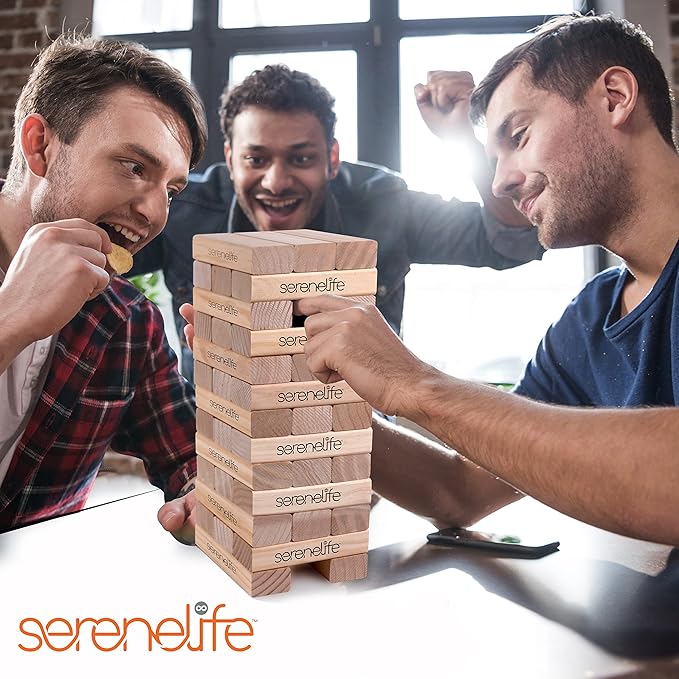 SereneLife 56 PCS Giant Tumble Tower for Indoor and Outdoor Games - Non-Toxic Stackable Timber Blocks Set Fit to Kids and Adults - Zippered Carrying Bag, Book Scoreboard and Offers Hours of Enjoyment