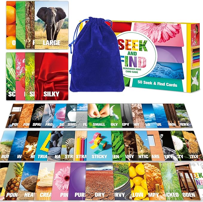 SpriteGru Seek and Find Scavenger Hunt Card Game, 50 Seek and Find Cards, Funny Games for Family, Toddlers, Kids, Adults-Outside, Yard, Camping Activities