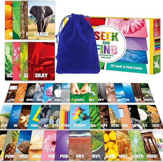SpriteGru Seek and Find Scavenger Hunt Card Game, 50 Seek and Find Cards, Funny Games for Family, Toddlers, Kids, Adults-Outside, Yard, Camping Activities