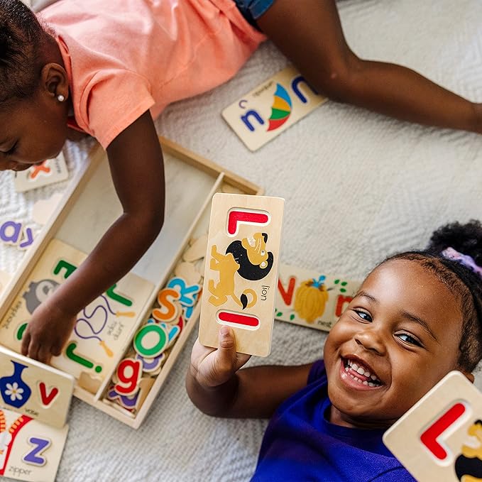 Melissa & Doug ABC Picture Boards - Educational Toy With 13 Double-Sided Wooden Boards and 52 Letters , White