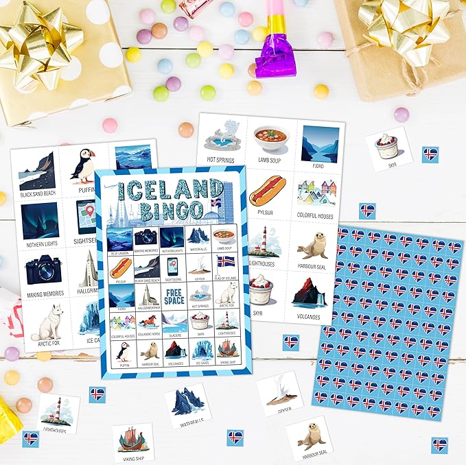 Iceland Bingo Games, Travel Trip Bingo Cards, Iceland Theme Party Game for Adults Family, Christmas Party Activities, 24 Bingo Sets, A001