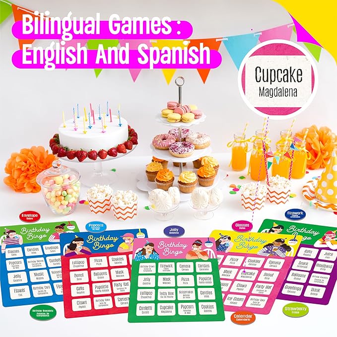 Birthday Bingo Game, 12PCS Bilingual English and Spanish Bingo Board Game, 12 Players Bingo Game Set for Teenager or Adults Birthday Party, Fun Interesting Birthday Activity Favor Decoration Supplies