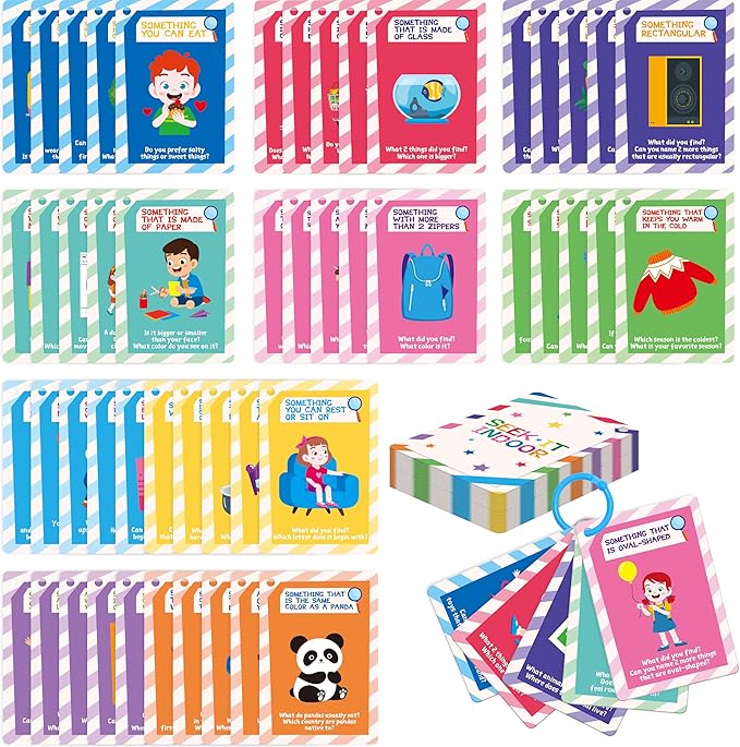 SpriteGru 56PCS Indoor Scavenger Hunt Cards, Found Items Indoor Seek and Find Card Game for for Homeschooling, Toddlers, Kids & Preschoolers, 1 Plastic Ring Included