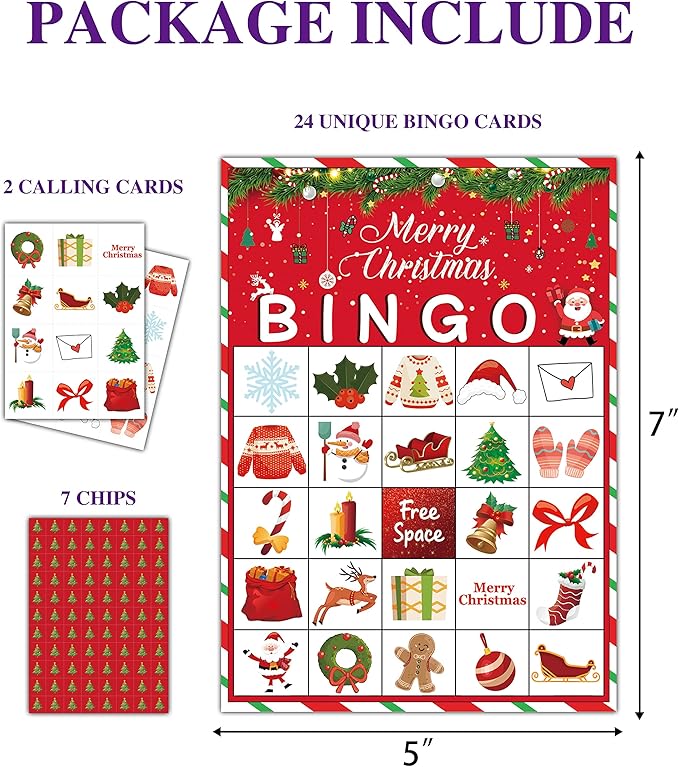 Christmas Bingo Game, Christmas Bingo Games for Family, Xmas Party Games Bingo Cards, Christmas Party, Birthday, Winter Party Favors Supplies Decorations, 24 Players Bingo Game (A07)