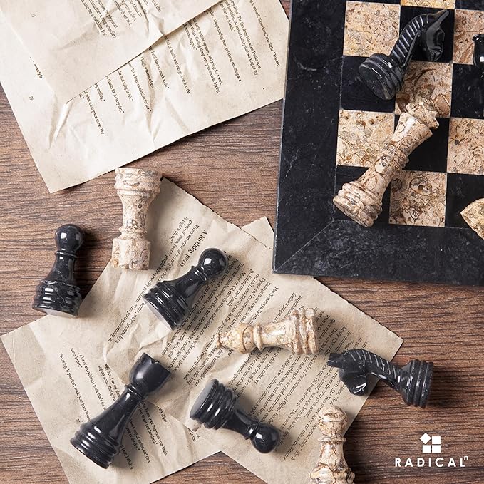 Radicaln Marble Chess Pieces Black and Coral 3.5 Inch King Figures Handmade 32 Chess Figures - Suitable for 16-20 Inch Chess Game - Board Games