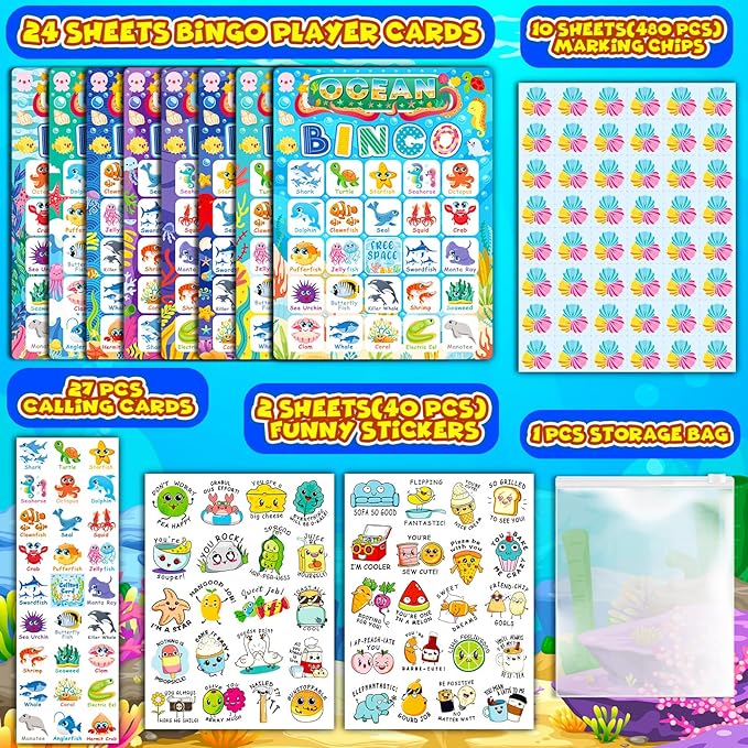 Ocean Bingo Game 24 Players Ocean Animals Bingo Game for Kids Bingo, Under The Sea Party Bingo Games for Family Classroom Activity Ocean Party Supplies