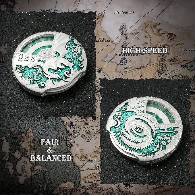 DNDND Dragon Roulette Spinner Metal Dice 7-in-1 Fidget Spinner DND Dice Set with Gorgeous Gift Box for Dungeons and Dragon and Tabletop Game (Silver with Green)