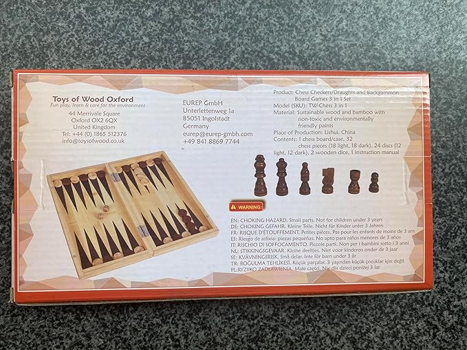 TOWO Wooden 3-in-1 Chess, Checkers/Draughts, and Backgammon Set - Classic Board Game Combo for Kids and Adults, Family Strategy Games, Portable and Durable