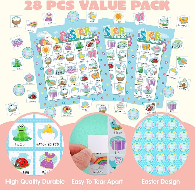 JOYIN 28 Players Easter Bingo Card (5x5) with Blue Color for Kids, Boys, Girls and Adults, Easter Games, School Classroom Activities and Easter Basket Stuffers