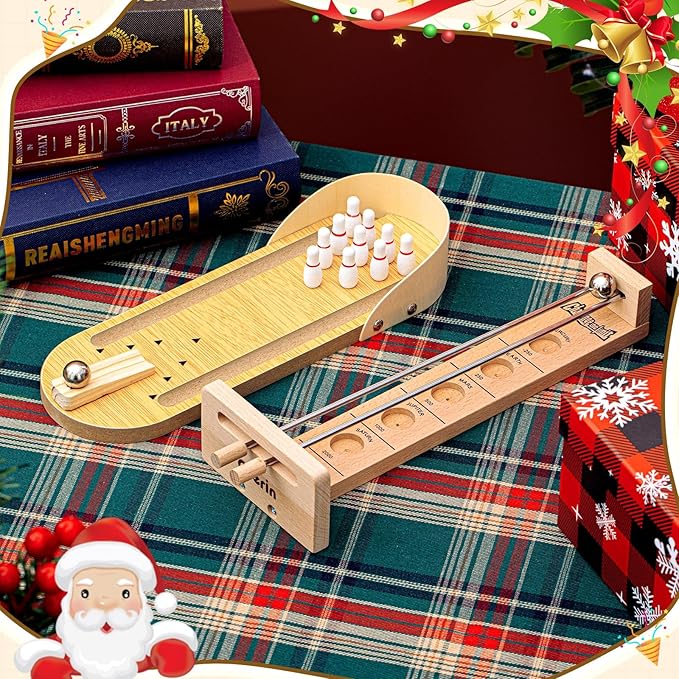 Deekin 2 Set Desktop Shoot The Moon Game Table Top Mini Bowling Game Set Classic Steel Ball Wooden Tabletop Games Wooden Board Mini Arcade Table Games Bowling Set Gag Gifts for Adult Teen Office Desk