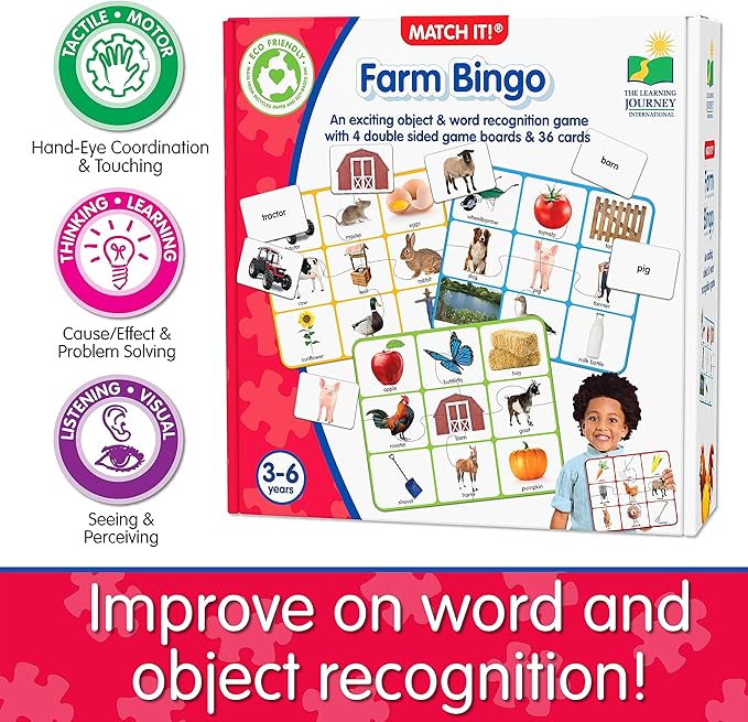 The Learning Journey: Match It! Bingo - Farm - Reading Game for Preschool and Kindergarten 36 Picture Word Cards