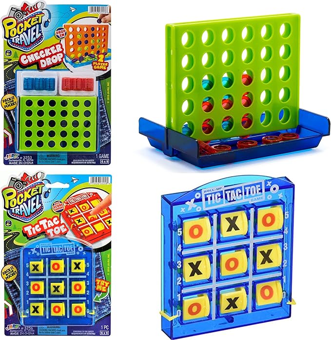 JA-RU Portable Tic Tac Toe & 4 in a Row Game (2 Toys in 1 Pack) Classic Retro Board Games | Mini Tic Tac Toe Party Favors for Kids & Indoor Recess Games for Classroom. 3256-3253s
