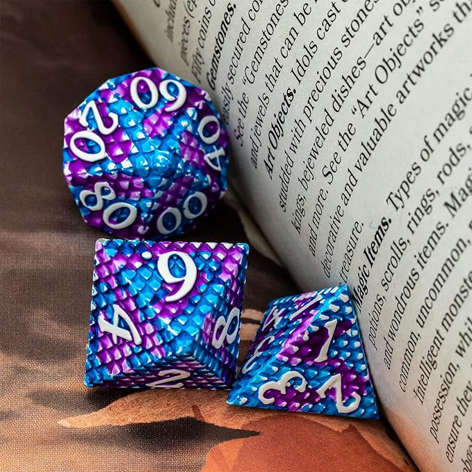 UDIXI Metal Dice Set Dragon Scale Polyhedral D&D Dice with Leather Dice Pouch for Dungeons and Dragons Role Playing Games and Other Tabletop Game (Blue with Purple)