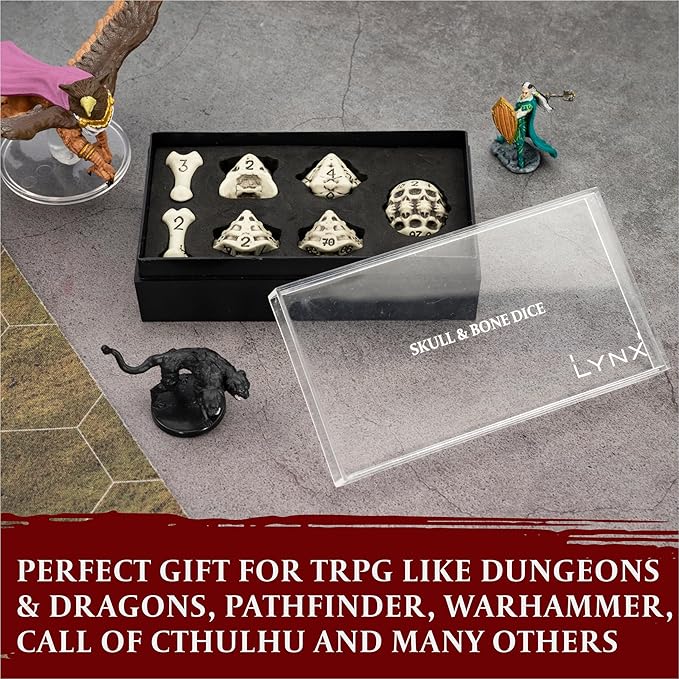DND Dice Set - Set of 7 Polyhedral Skull & Bone RPG Dice - D20, D12,%D10, D10, D8, D6 & D4 Sided. Cool & Unique Gift for Dungeons & Dragons, Warhammer, D&D, Pathfinder, D and D Accessories. (White)
