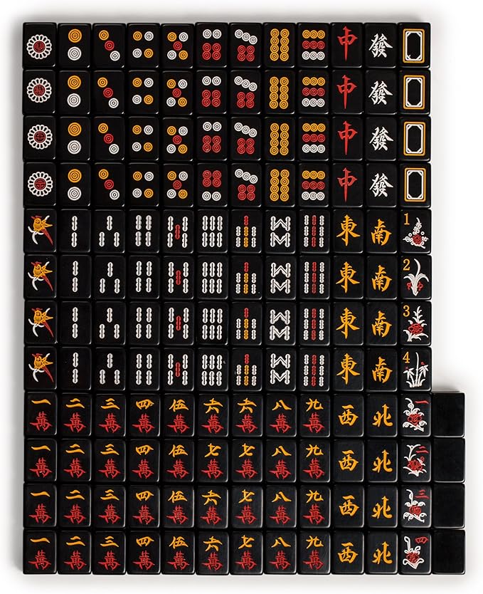 Yellow Mountain Imports Chinese Mahjong Game Set, Jet Set - with 148 Small-Size Black Tiles and Wooden Case, Wooden Spinner, Dice, and Scoring Sticks (for Chinese Style Game Play)