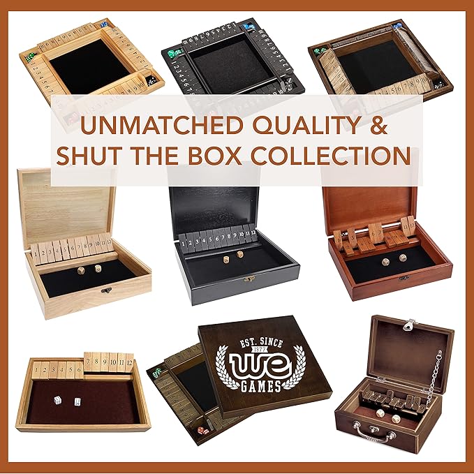 WE Games Shut The Box Board Game - Classic 4 Player Wooden Table Top Dice Game for Family Game Night, Black Stained Wood, 14 in., 10 Numbers, Classroom Play or Bar Fun for Adults
