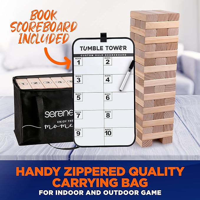 SereneLife 56 PCS Giant Tumble Tower for Indoor and Outdoor Games - Non-Toxic Stackable Timber Blocks Set Fit to Kids and Adults - Zippered Carrying Bag, Book Scoreboard and Offers Hours of Enjoyment