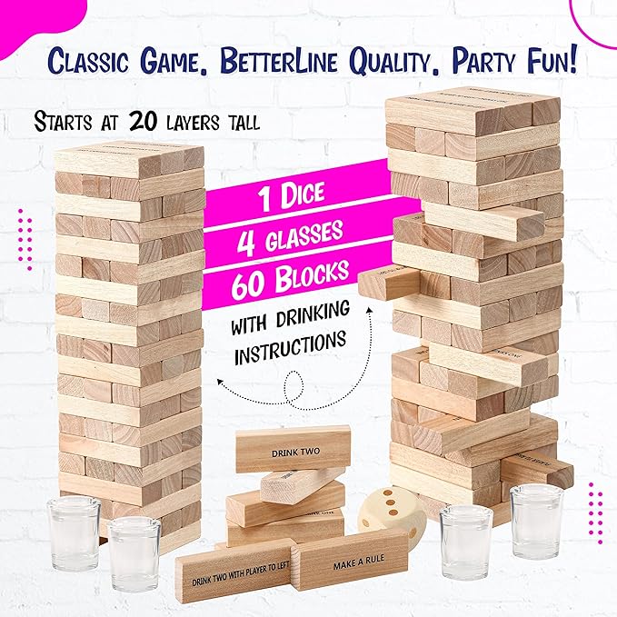 BETTERLINE Wooden Tower Stacking Blocks Drinking Game - 48 Pieces - Tumbling Tower for Adults - Friends Party Game, Bachelor Party, Bachelorette Party (60 Pieces w/Text)