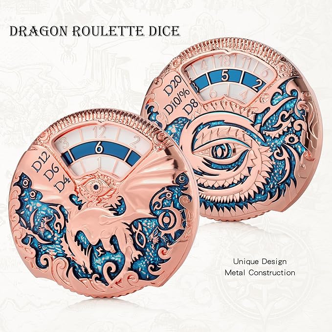 DNDND Dragon Roulette Metal Spinner Dice 7-in-1 Spinning DND Dice Set with Gorgeous Gift Box for Dungeons and Dragon and Role Playing Game(Rose Gold with Teal)