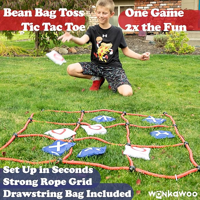 WonkaWoo Giant Tic Tac Toe Bean Bag Toss Game Playset, Large 3' x 3' Tic Tac Toe Rope Grid, Outdoors Lawn Yard Game for Family and Kids