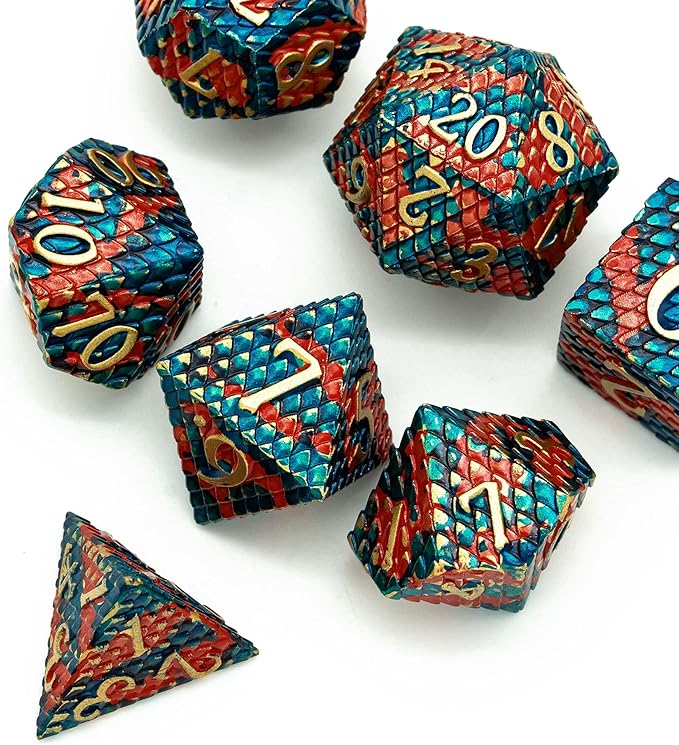 UDIXI Metal Dice Set, Dragon Scale D&D Metal DND Dice with Dice Pouch for Role Playing Games Dungeons and Dragons and Other Tabletop Game (Blue with Orange)