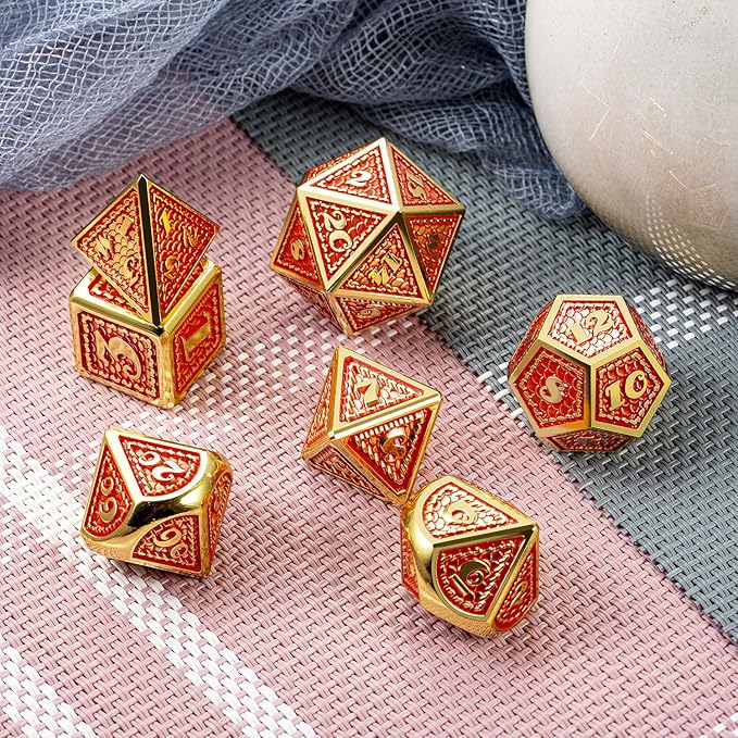DNDND Metal Gaming Dice, 7 PCS Red Dragon Scale Metallic DND Die with Velvet Pouch for Dungeons & Dragon D&D Game (Red with Gold Edge)