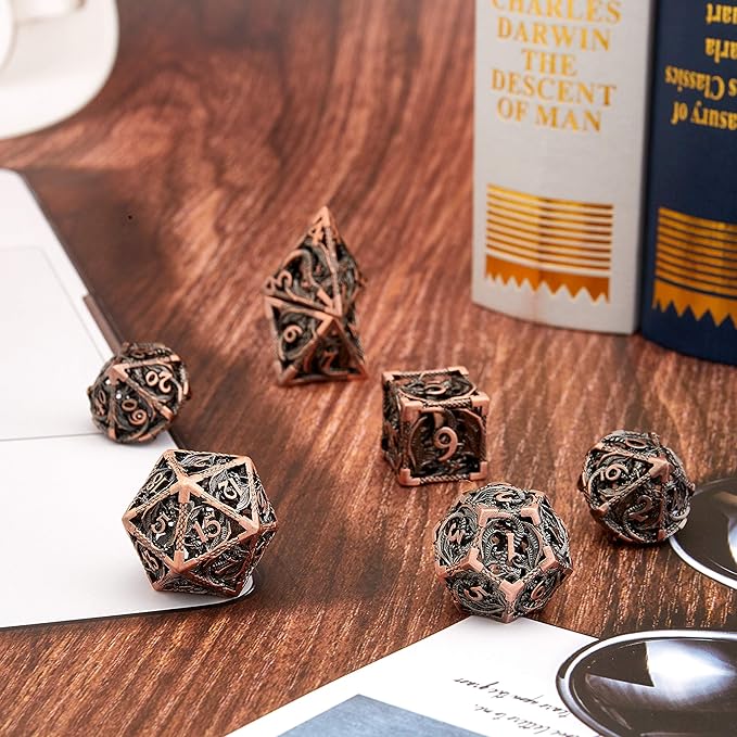 Hollow Metal DND Game Dice Dragon Shape Carved Antique Copper 7Pcs Set for Dungeons and Dragons RPG MTG Table Games D&D Pathfinder Shadowrun and Math Teaching (with Metal Case) ?-