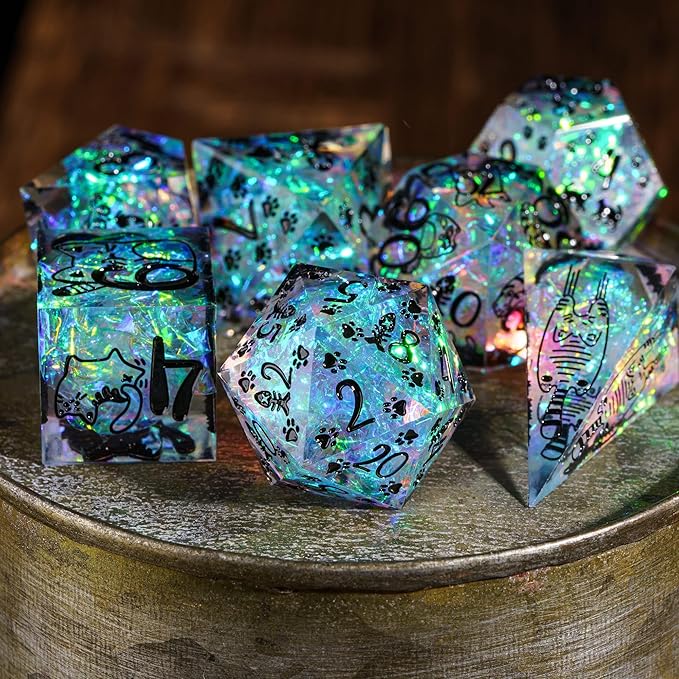 Cusdie 7-Die Sharp Edges DND Dice Set, Cat Pattern Polyhedral D&D Dice Set for DND Dungeons and Dragons TTRPG Role Playing Games