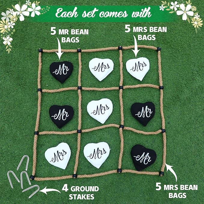 3 x 3 ft Wedding Tic Tac Toe Game for Reception Instant Setup No Assembly Tic Tac Toe Outdoor Game Bean Bag Toss with Rope Yard Backyard Lawn Games for Wedding