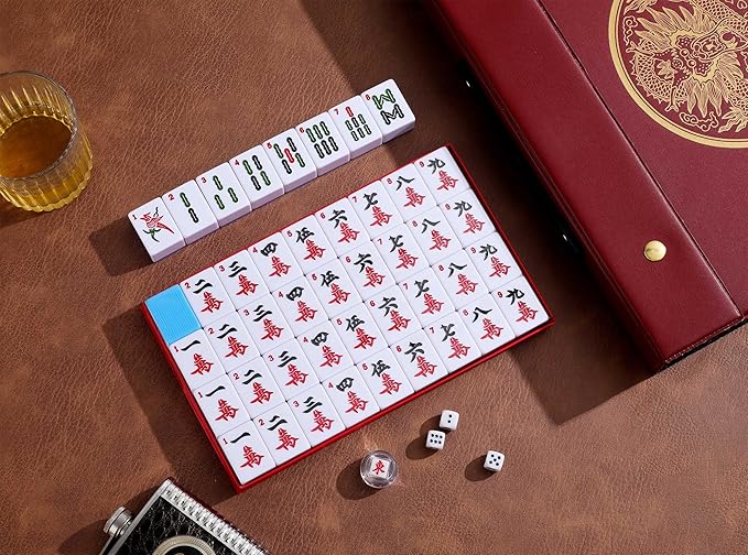 Mose Cafolo Chinese Mahjong Game Set 1.5" X-Large 144 Numbered White Blue Melamine Tiles with Carrying Travel Case,Complete Majong Majiang, Mah Jonng Game Set