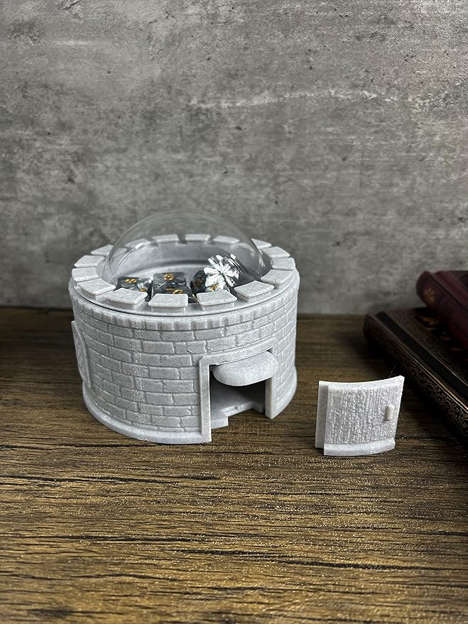 MunnyGrubbers Castle Dice Popper V2 - Dice Jail & Tower - TTRPG & Board Games - Random 7 D20 Dice Set - Dungeons & Dragons (Marble)