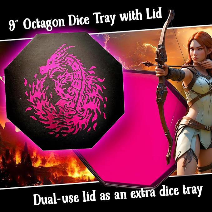 Pink Fire Dragon Dice Tray with Wizard Book Print – 9" Octagon with Dice Staging Area, Holds 5 Dice Sets – Perfect for D&D, Call of Cthulhu, Shadowrun, and All Tabletop RPGs