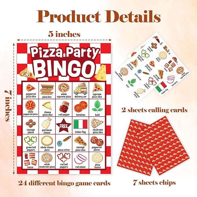 Pizza Games Bingo Cards, Gourmet Food Theme Bingo Game, Pizza Baby Shower Game for Family Friends Large Multiplayer Group Activities, Pizza Party Birthday Favors Gifts -02