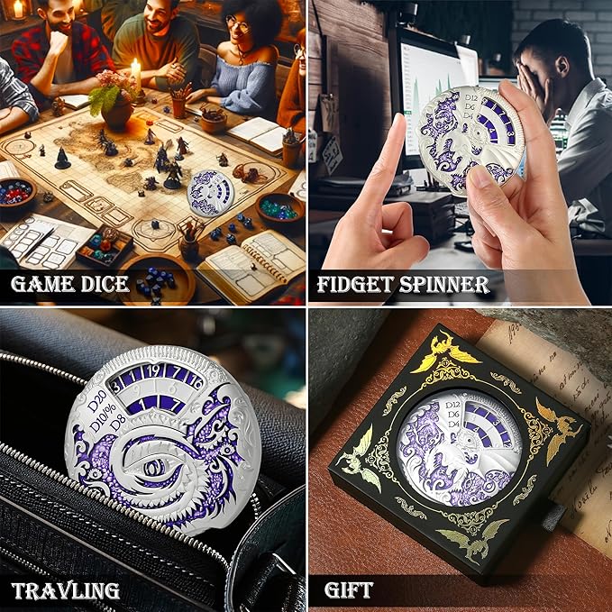 DNDND Dungeons and Dragons Roulette Spinner Dice 7-in-1 Spinner Metal D&D Dice Set with Gorgeous Gift Box for Dungeons and Dragon and Tabletop Game (Silver with Purple)