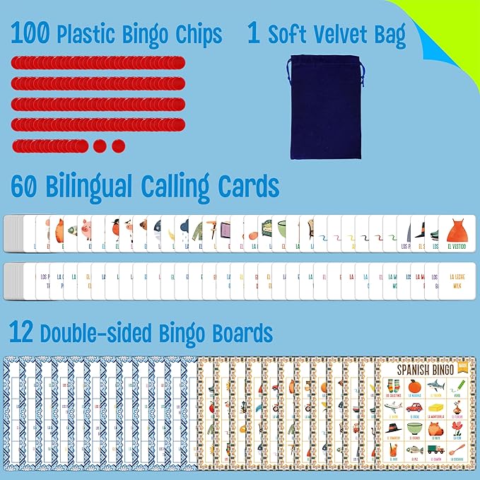 Spanish Bingo Game, 12 Vocabulary Bingo Board Game Bilingual Word Learning Educational Toys for Words Learning - Ages 5 and up (Up to 12 Players)