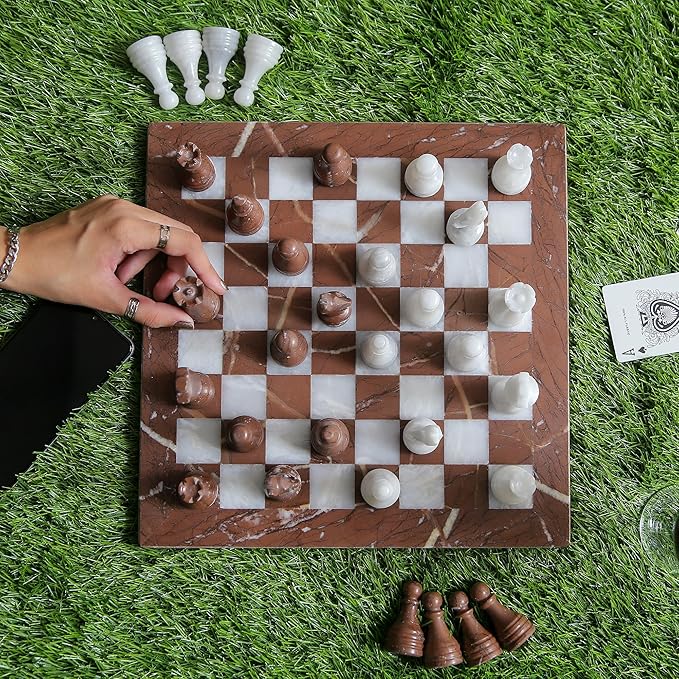 15 Inch Luxury Chess Set Classic Chess Boards for Adults with Handcrafted Stone Board & Marble Chess Pieces Ideal for Home Decor (Marina & White)
