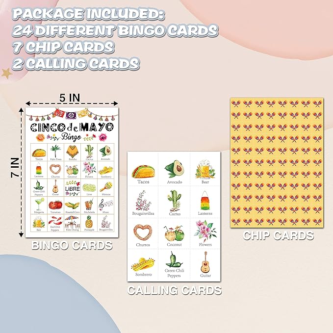 Fiesta Bingo Cards, Mexican Theme Game for 24 Players, Taco Party Bingo Game Cards, Family Friends School Activities, Cinco De Mayo Party Favors Supplies Decorations(A05)