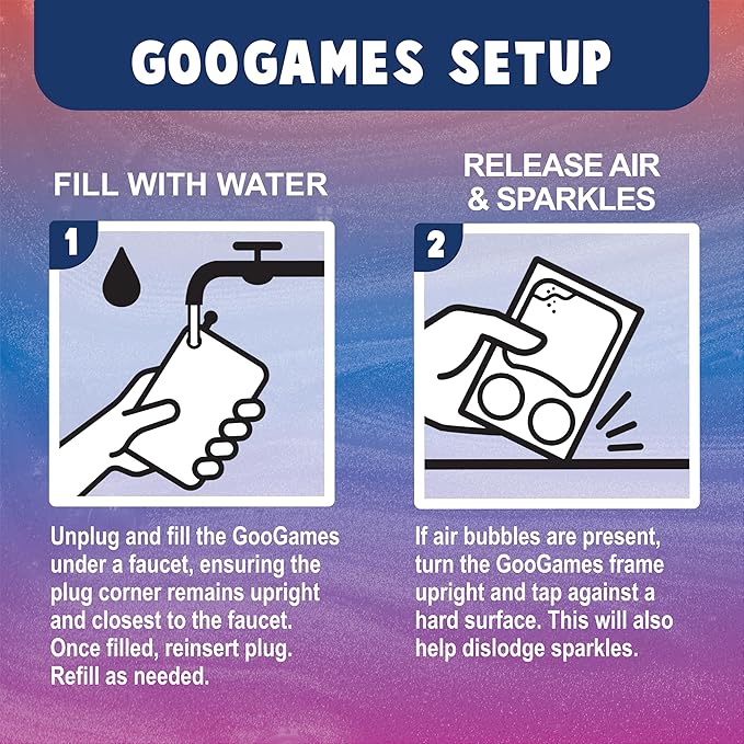 GooGames, Hand-Held Water Games with Floating Treasures, Sensory Fidget Game Adventures, Non-Toxic, No-Mess, Mesmerizing Glitter Fun, 3 Game Cards Included, Refillable, Perfect Travel Toy! (Gems)