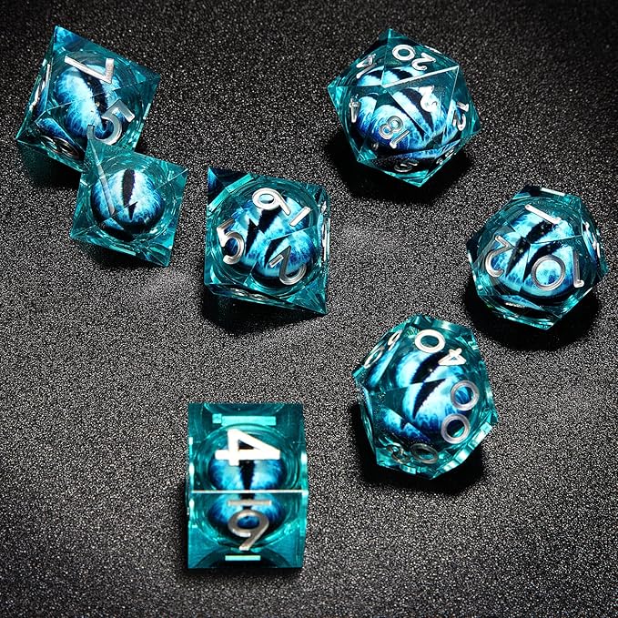 Handmade Resin Dungeons and Dragons Dice Set Dragon Eye Liquid Core Sharp Edges 7 PCS with Gift Box for TTRPG for D&D Fans (Blue-White)
