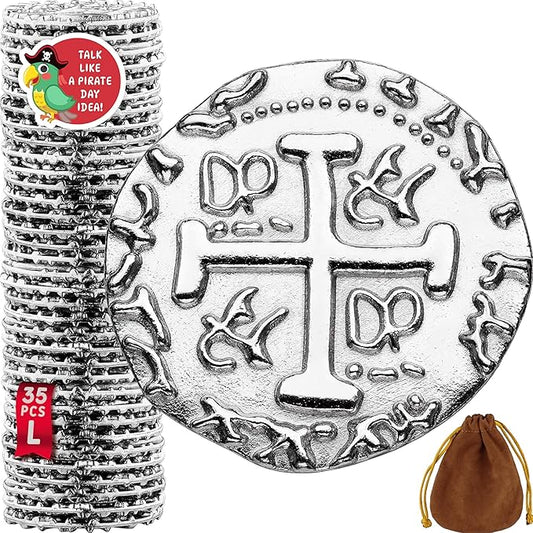 Large Metal Pirate Coins - 35 Silver Treasure Coin Set, Metal Replica Spanish Doubloons for Pirate Party Decorations & Favors, Tokens, Toys, Cosplay - Pirate Treasure Chest - Size 1.06"