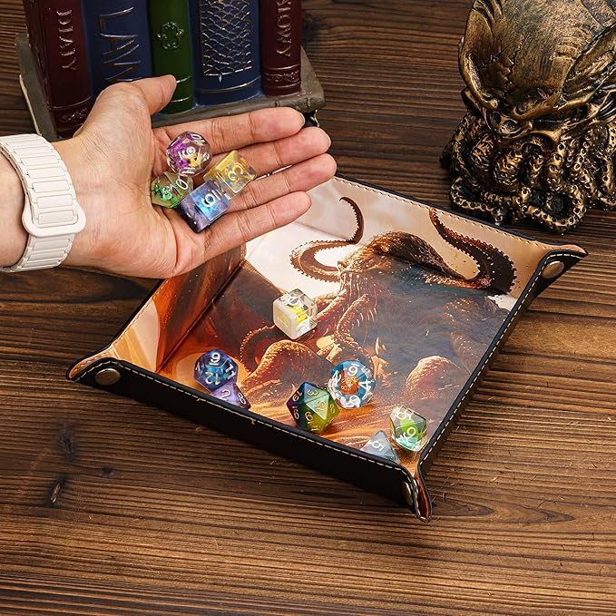 DND Dice Rolling Tray PU Leather Dice Trays Square Desk Organizer Accessory Case for Desktop Storage and RPG Board Games, Jewelry Valet Tray for Women and Men