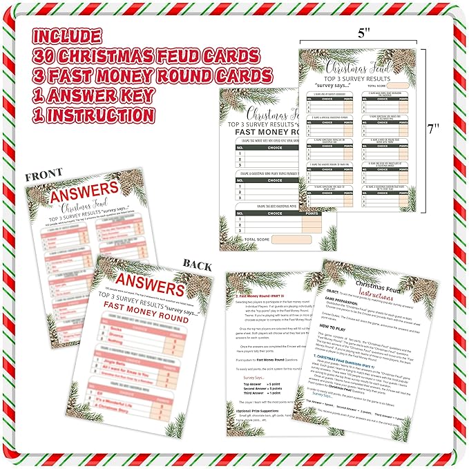 Tuyashua Christmas Feud Game Night - Family Friendly Quiz, 30 Christmas Cards & 3 Fast Money Rounds