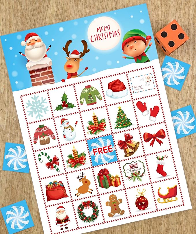 Funnlot Christmas Bingo Game for Large Group - Holiday Activity for 24 Players, Preschool Classroom, Family - Snowman Xmas Gifts