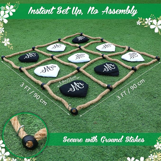 3 x 3 ft Wedding Tic Tac Toe Game for Reception Instant Setup No Assembly Tic Tac Toe Outdoor Game Bean Bag Toss with Rope Yard Backyard Lawn Games for Wedding