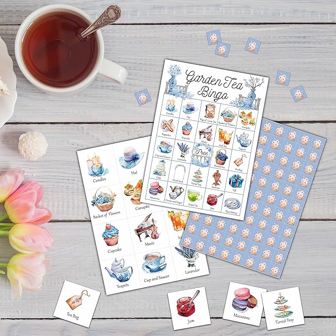 Garden Tea Bingo Game - Tea Party Bingo Card - 24 Players Bingo Game Set Indoor Outdoor Activities - Tea Party, Bridal Shower, Birthday Party Favors Supplies -A05