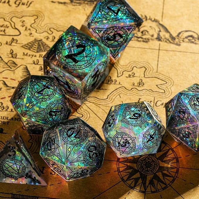 Cusdie 7-Die Sharp Edges DND Dice Set, Magic Circle Pattern Polyhedral D&D Dice Set for DND Dungeons and Dragons TTRPG Role Playing Games