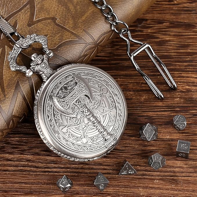 Mini DND Dice Set With Steampunk Barbarian Axe Pocket Watch Shell Case, 7pcs Polyhedral Metal Dice Set, D&D Gifts With Gift Box, Role Playing Board Games Accessories, Dark Silver