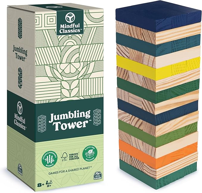 Jumbling Tower Sustainable Wooden Blocks Tumbling Toppling Bamboo Wood Party Stacking Game, for Adults and Kids Ages 8 and up