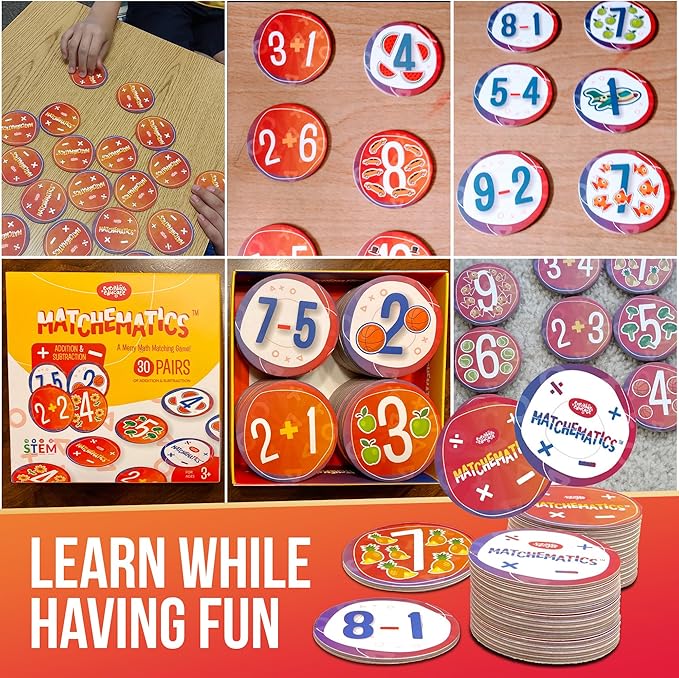 Fun Math Card Game - STEM Mathematics Addition and Subtraction Education - Helps to Teach Early Math Facts with 30 Matching Pairs Preschool Games & Gifts for Boys & Girls Ages 3 and Up